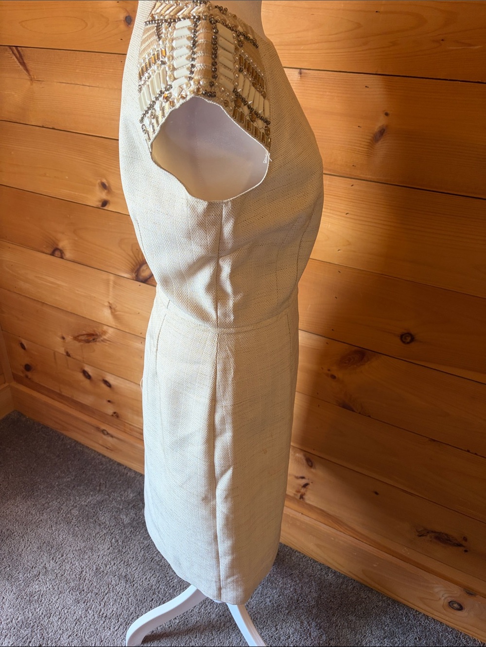 Tahari Cream Beaded Cap-Sleeve Midi Sheath Dress - Picture 3 of 4